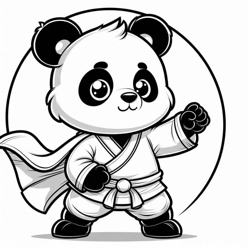 Desenho de panda fofo em fantasia de lutador de artes marciais para colorir