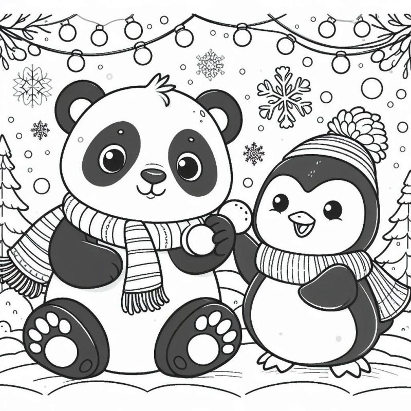 Desenho para colorir de um panda e um pinguim em cenário de inverno com cachecóis e neve