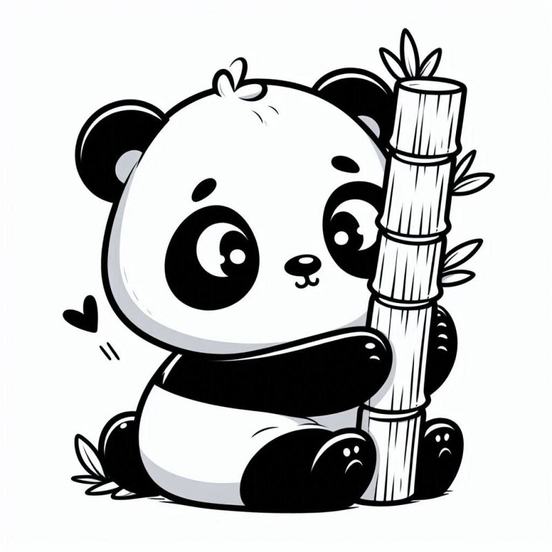 Desenho fofo de panda sentado segurando bambu para colorir