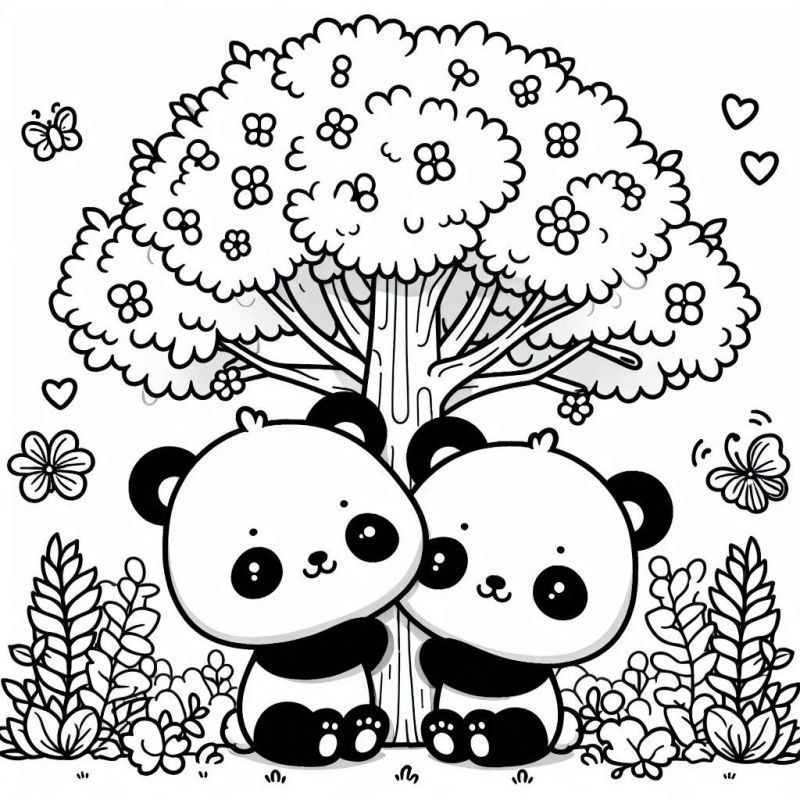 Desenho kawaii de pandas abraçando uma árvore para colorir