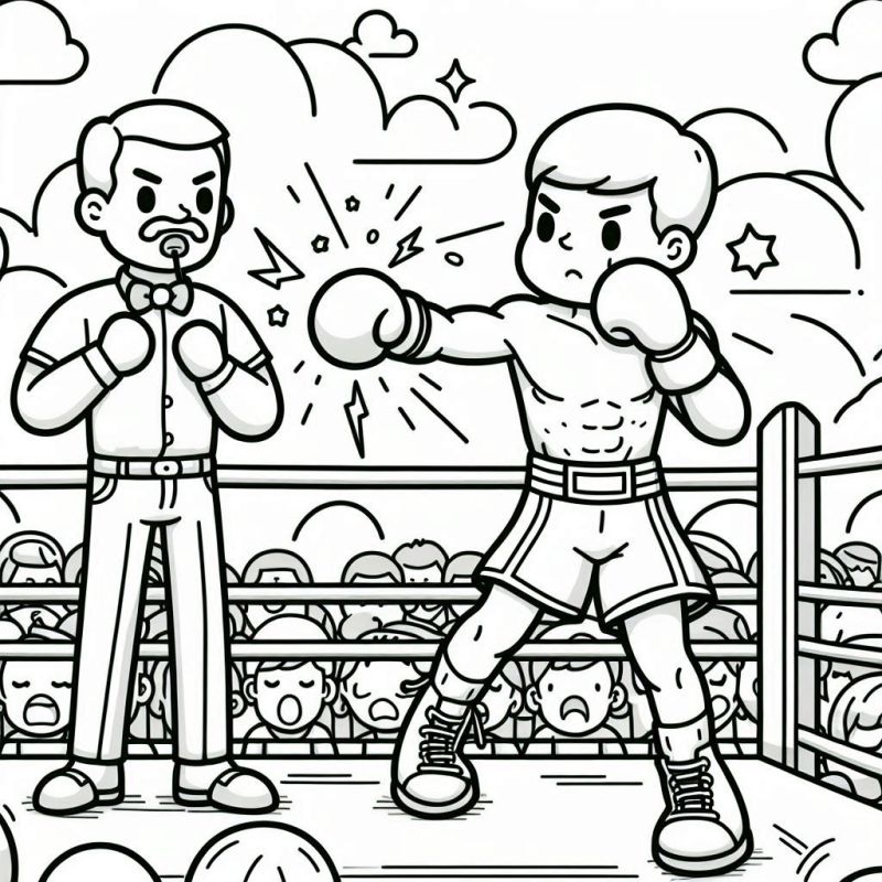 Desenho para colorir de uma partida de boxe nas Olimpíadas com lutador e árbitro