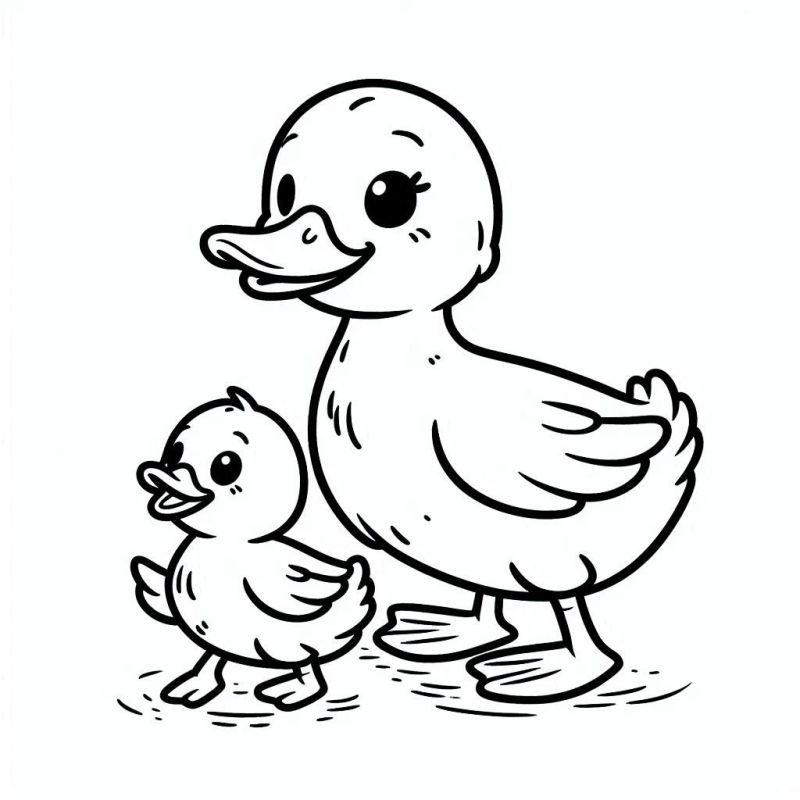 Desenho para colorir de um pato adulto caminhando ao lado de um filhote