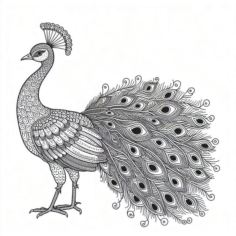 Desenho de pavão detalhado para colorir com cauda majestosa