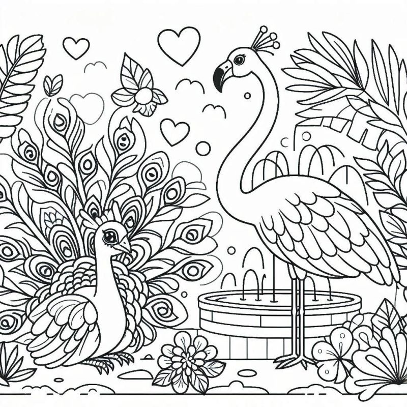 Desenho para colorir de pavão com cauda aberta e flamingo com coroa perto de fonte.