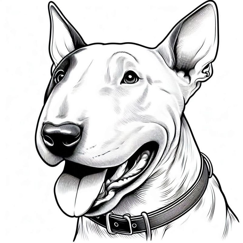 Desenho detalhado de Bull Terrier para colorir, com ênfase no rosto e características únicas.