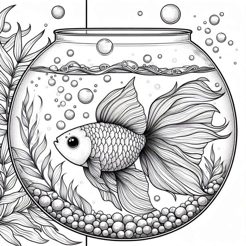 Desenho Detalhado de Peixe Dourado no Aquário para Colorir