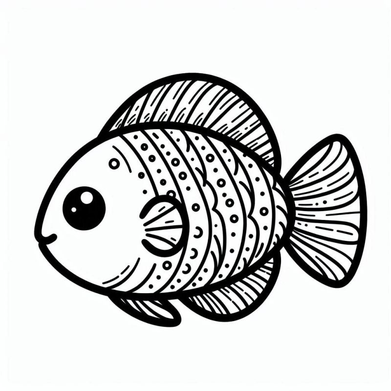 Desenho simplificado e estilizado de um peixe para colorir. Desenho detalhado com padrões e texturas.