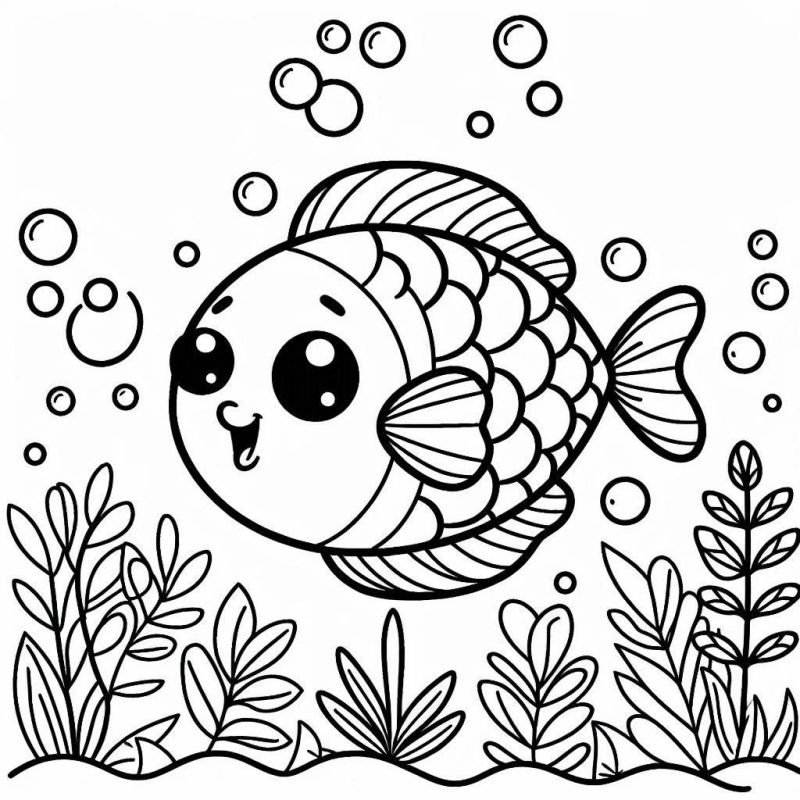 Desenho de peixe fofinho com bolhas para colorir