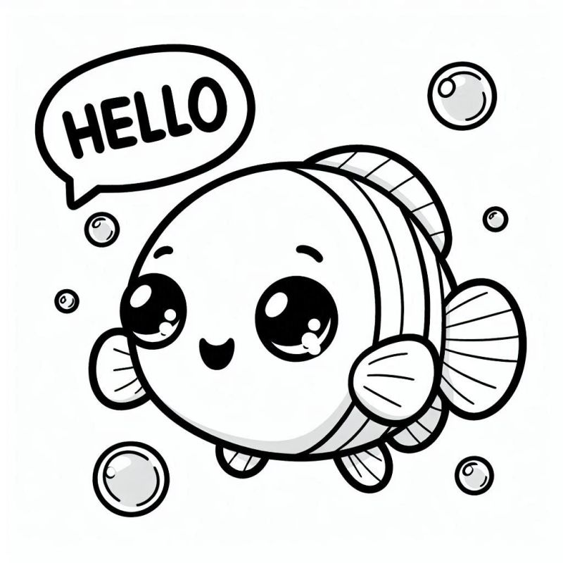 Desenho kawaii de peixe fofo para colorir com bolhas e a palavra HELLO