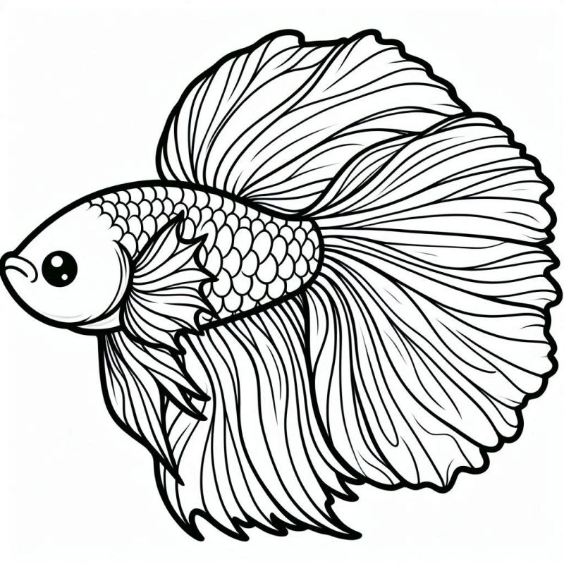 Imagem detalhada de um peixe Betta para colorir com nadadeiras e cauda extravagantes