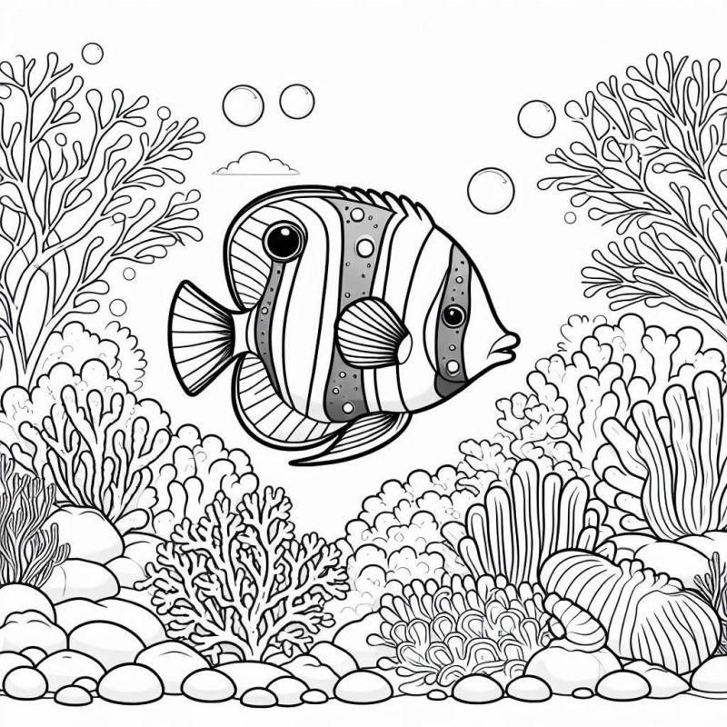 Desenho detalhado de peixe nadando no mar para colorir