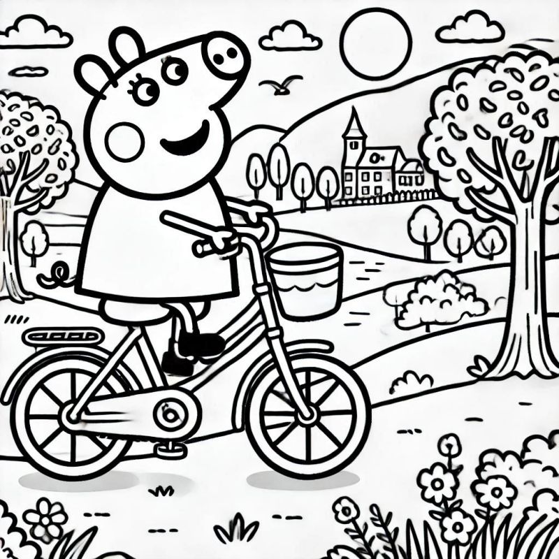 Desenho de Peppa Pig Andando de Bicicleta em um Cenário Campestre