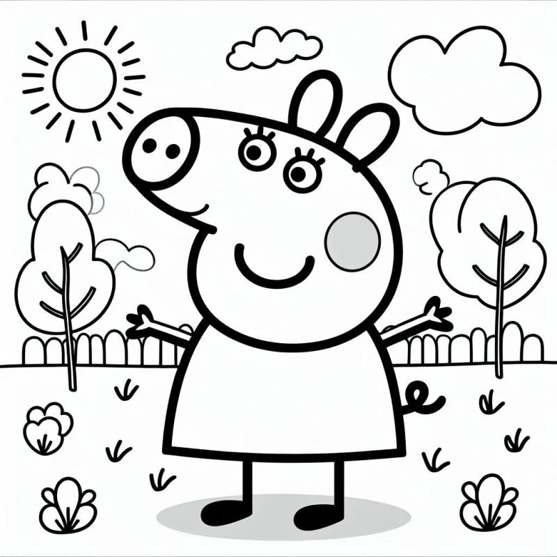 Peppa Pig em um Jardim Ensolarado: Desenho para Colorir