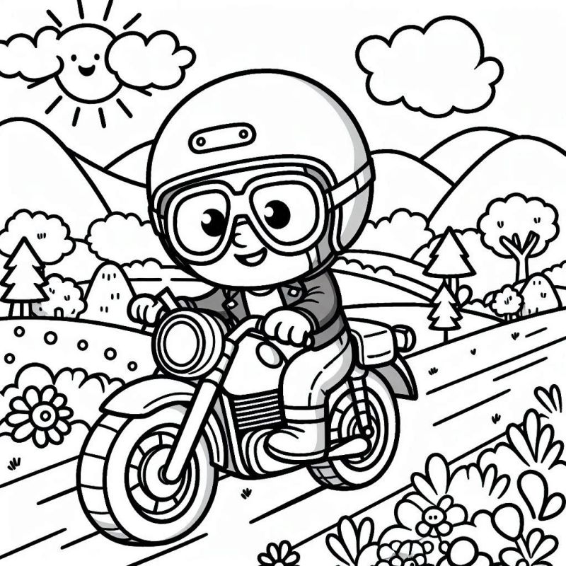 Desenho de Personagem Aventureiro Pilotando Motocicleta para Colorir