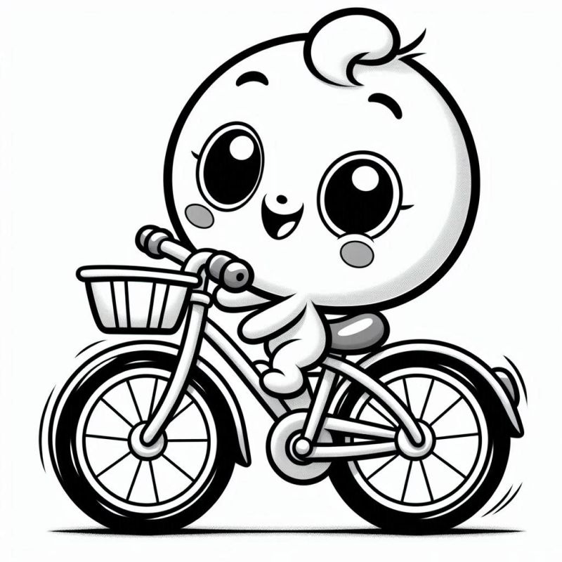 Adorável personagem feliz pedalando bicicleta. Desenho para colorir.