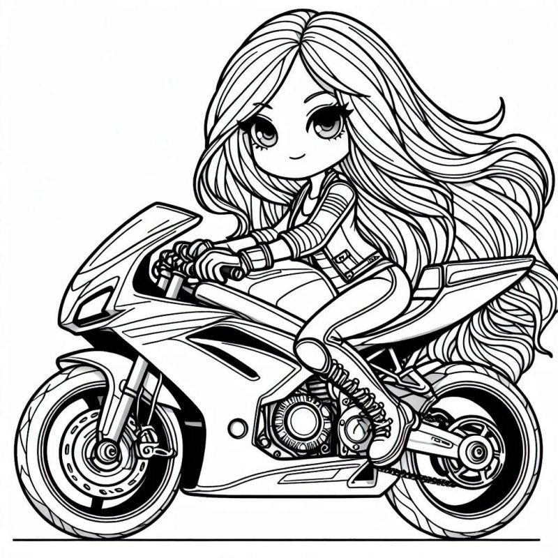 Desenho de Personagem Chibi em Moto Estilosa para Colorir