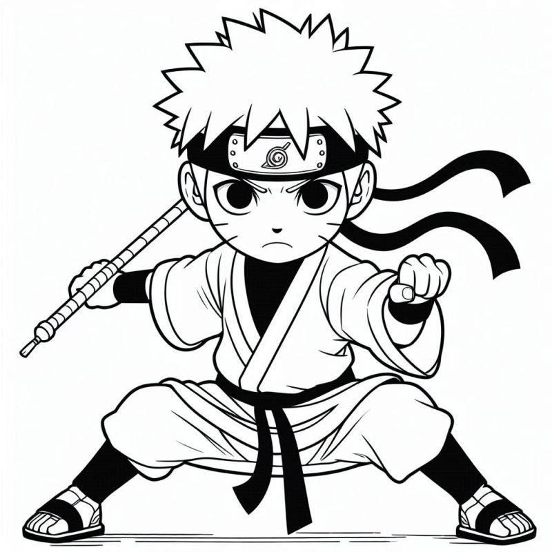 Personagem de Naruto em posição de luta para colorir, com cabelo espetado, bandana e traje tradicional