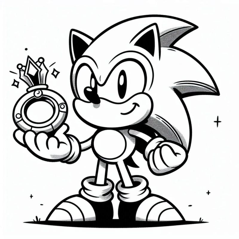 Desenho do Sonic veloz sorrindo e segurando um anel com joia para colorir