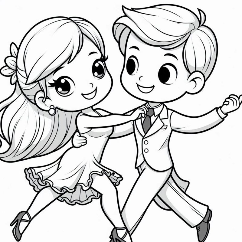 Desenho de Casal de Personagens Chibi Dançando Alegremente para Colorir