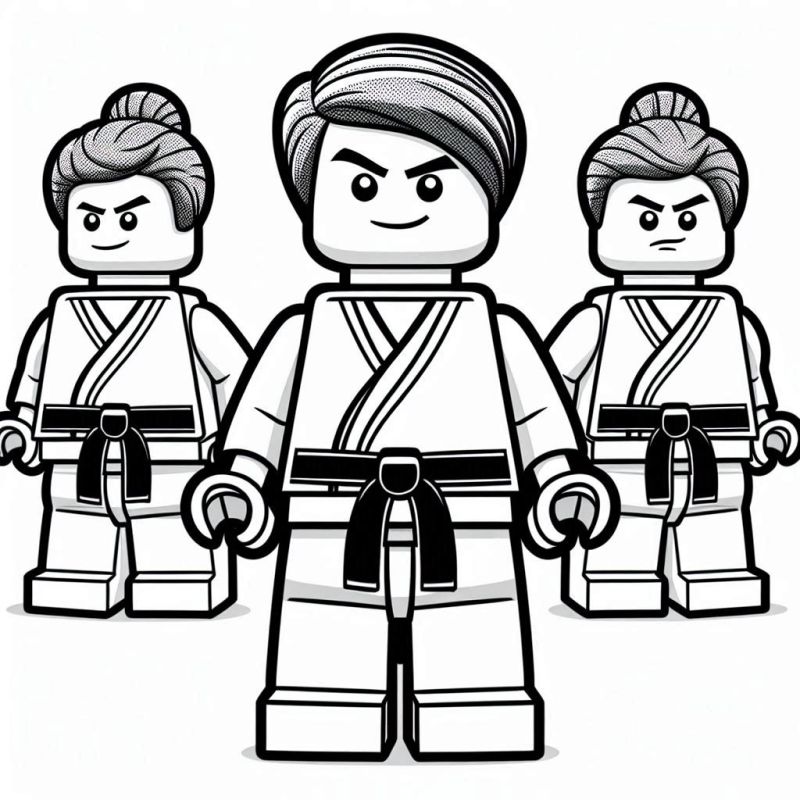 Três personagens de Lego em kimonos de artes marciais para colorir