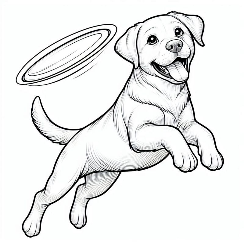 Desenho de Cachorro Pulando para Pegar Frisbee