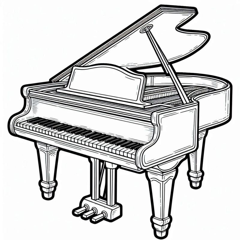 Desenho detalhado de um piano de cauda para colorir