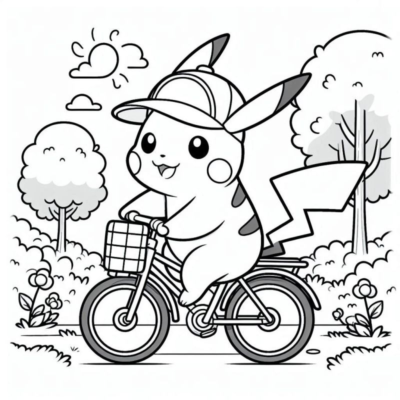 Desenho de Pikachu Pedalando para Colorir