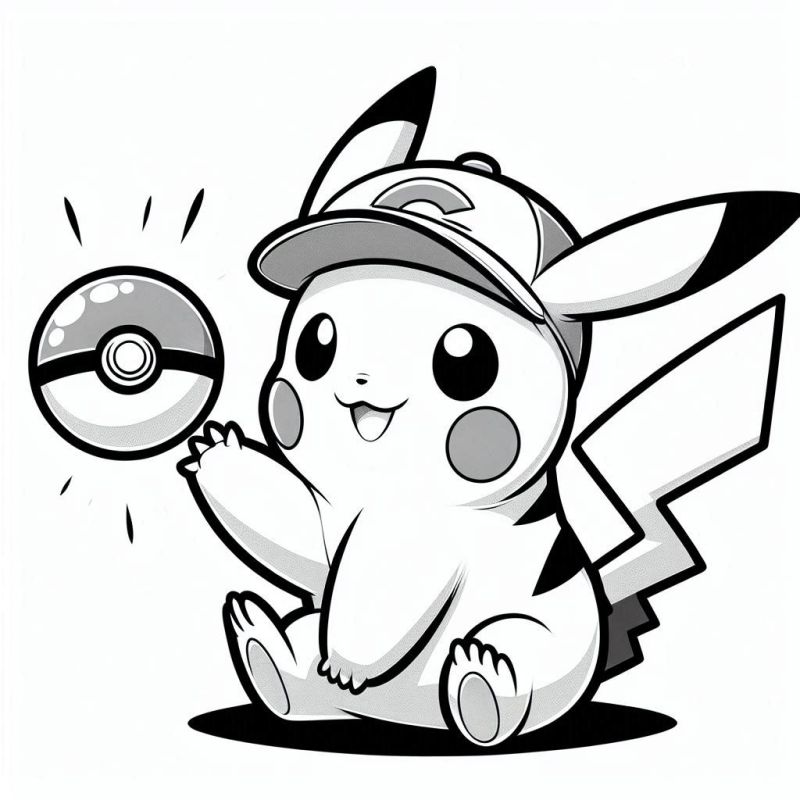 Desenho de Pikachu com Boné e Pokébola para Colorir