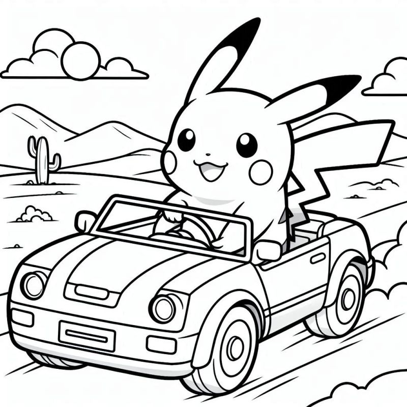 Desenho de Pikachu Dirigindo um Carro Conversível no Deserto