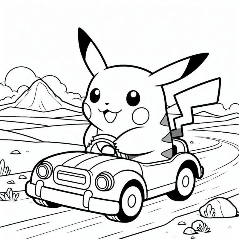 Desenho de Pikachu Dirigindo um Carro para Colorir