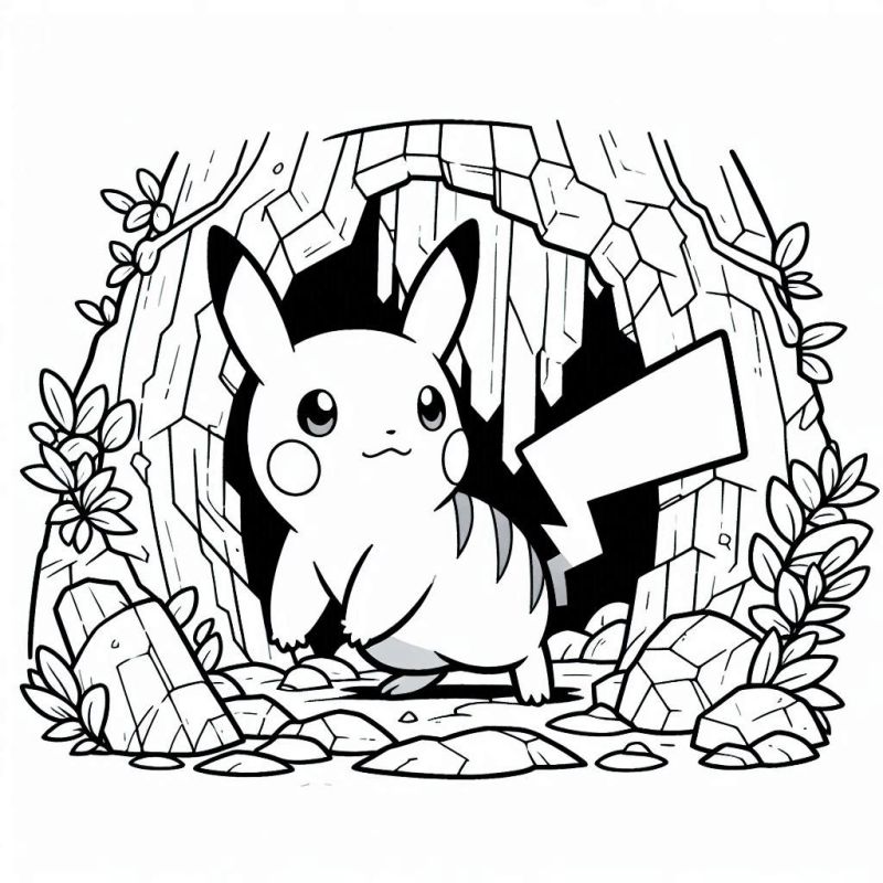 Desenho de Pikachu em Frente à Caverna para Colorir