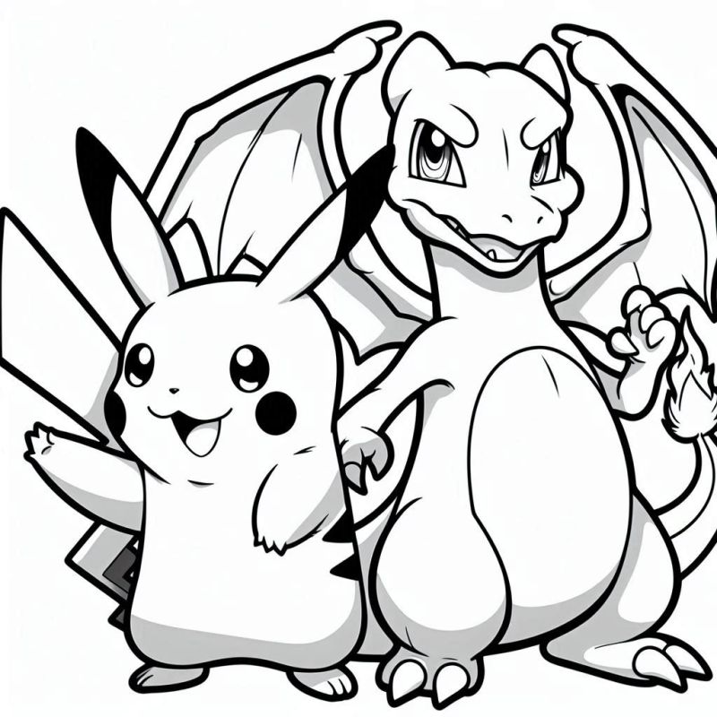 Desenho de Pikachu e Charizard para colorir