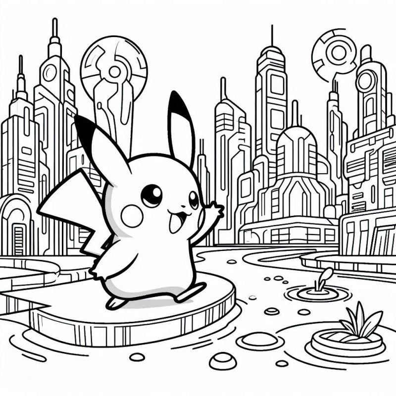 Pikachu na Cidade Futurista: Um Desenho para Colorir