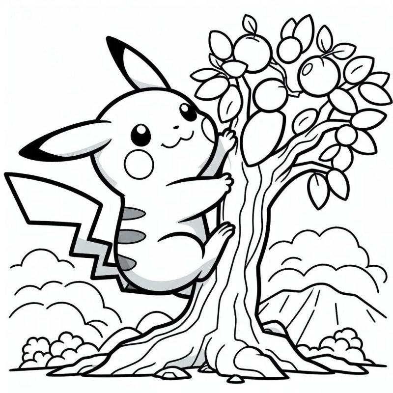 Desenho de Pikachu Escalando Árvore para Colorir