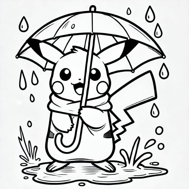 Desenho de Pikachu segurando um guarda-chuva para colorir