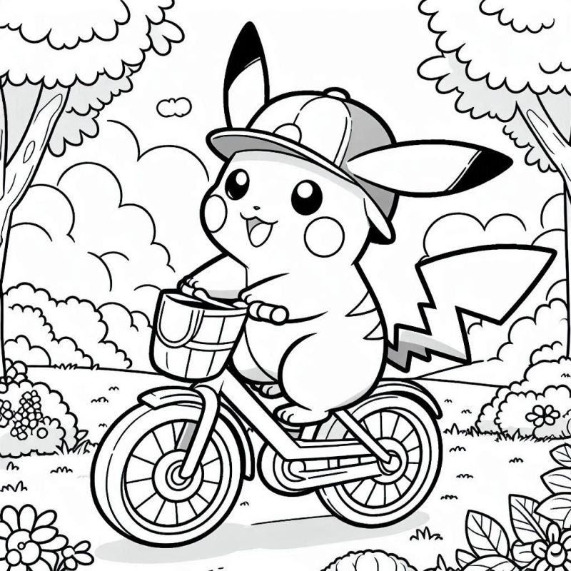 Desenho de Pikachu Alegre Andando de Bicicleta para Colorir