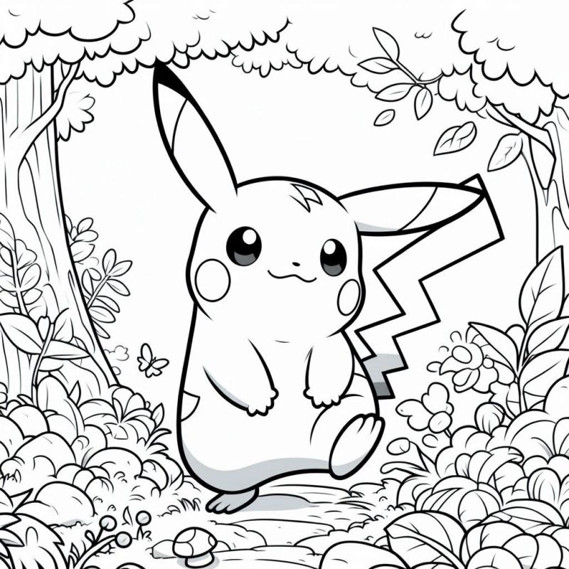 Pikachu Alegre na Floresta Encantada para Colorir