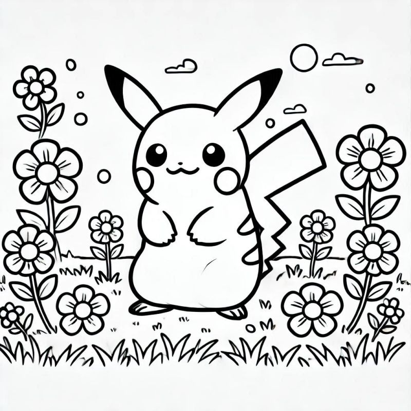 Desenho do Pikachu em cenário florido para imprimir e colorir