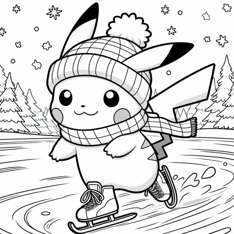 Pikachu Patinando no Gelo - Desenho para Colorir