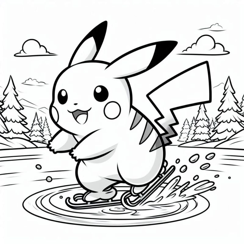 Desenho de Pikachu Patinando no Gelo para Colorir