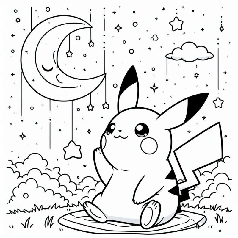 Desenho de Pikachu Relaxado em Noite Mágica para Colorir