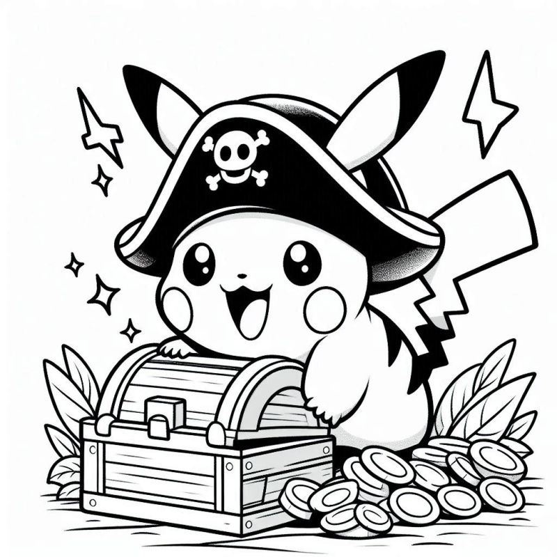 Pikachu Pirata: Aventura de Colorir com Tesouro