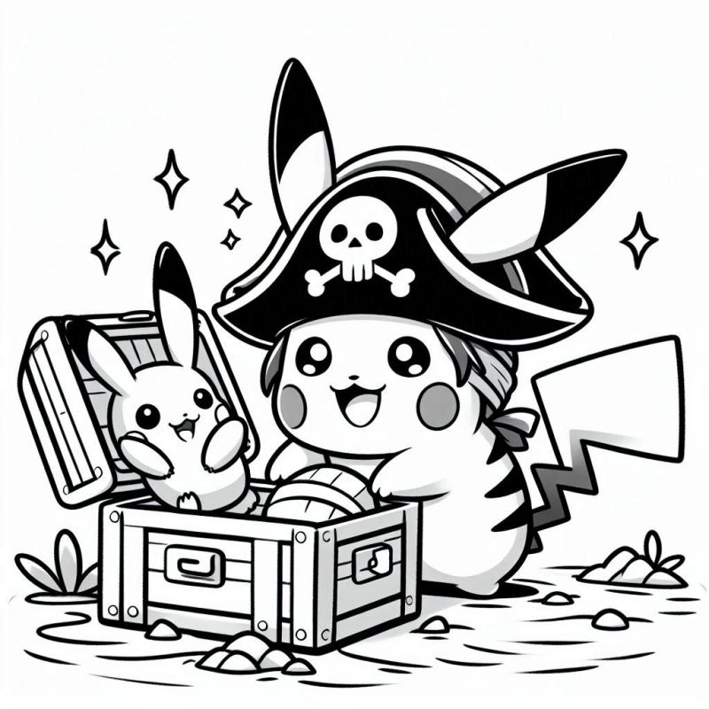 Pikachu Pirata Alegre com Tesouro - Desenho para Colorir