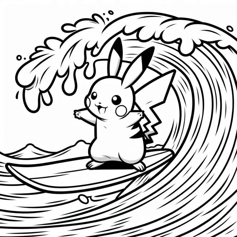 Desenho Divertido de Pikachu Surfando para Colorir