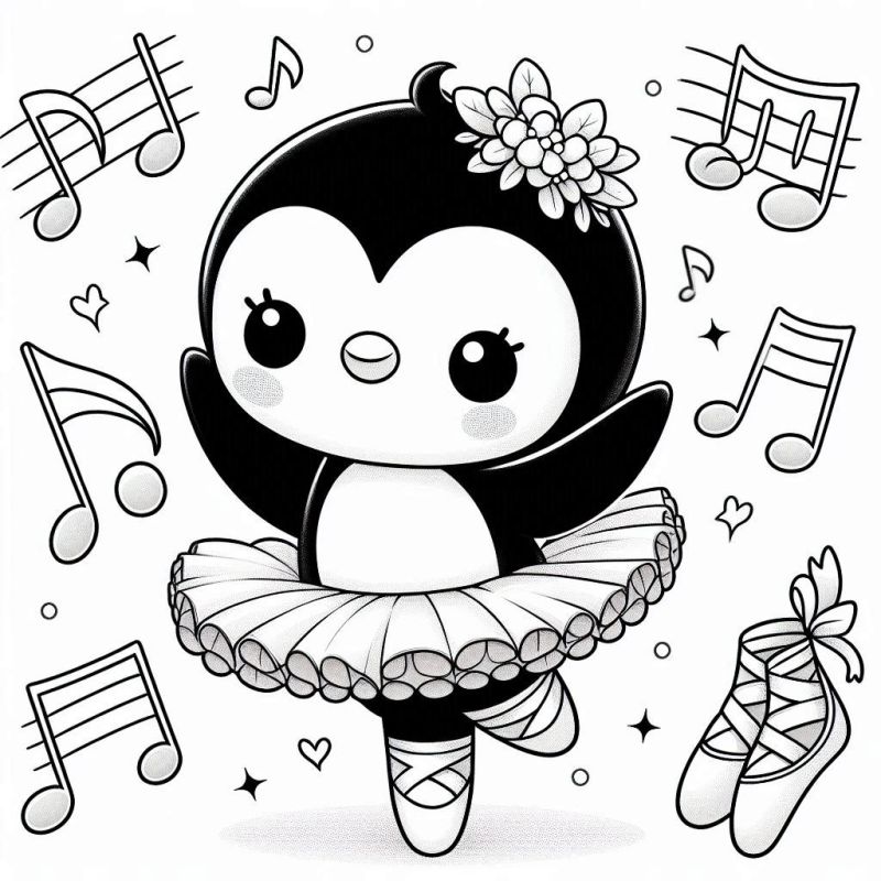 Desenho kawaii de um pinguim vestido de bailarina com notas musicais, perfeito para colorir