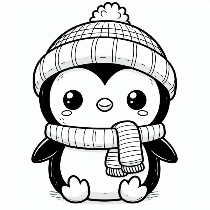 Desenho fofo de pinguim com gorro e cachecol para colorir