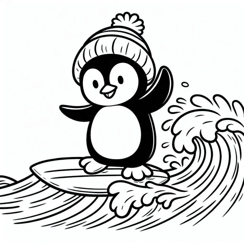 Desenho para colorir de um pinguim sorridente surfando uma onda