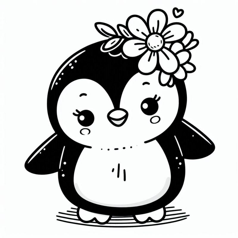 Desenho de Pinguim Agradável com Flor para Colorir