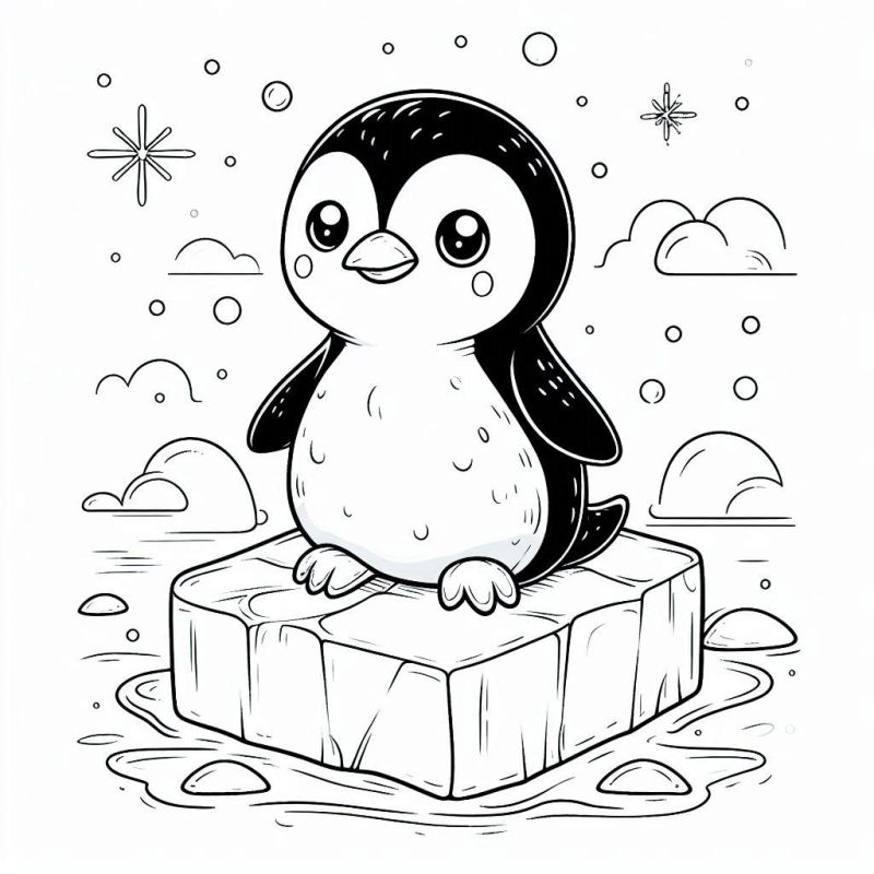 Desenho de pinguim adorável sentado em um bloco de gelo