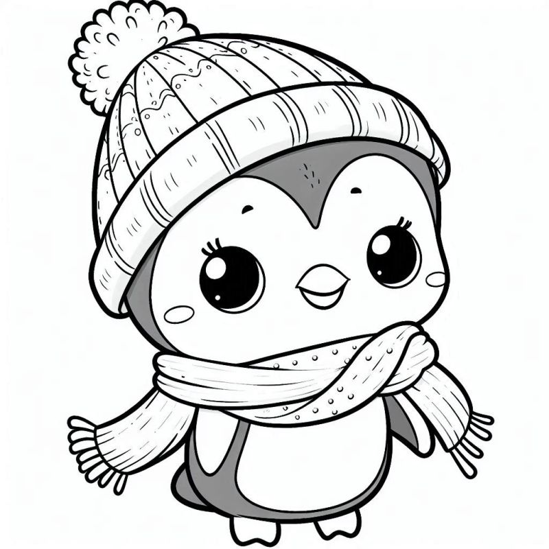 Desenho de Pinguim com Gorro e Cachecol Detalhado para Colorir